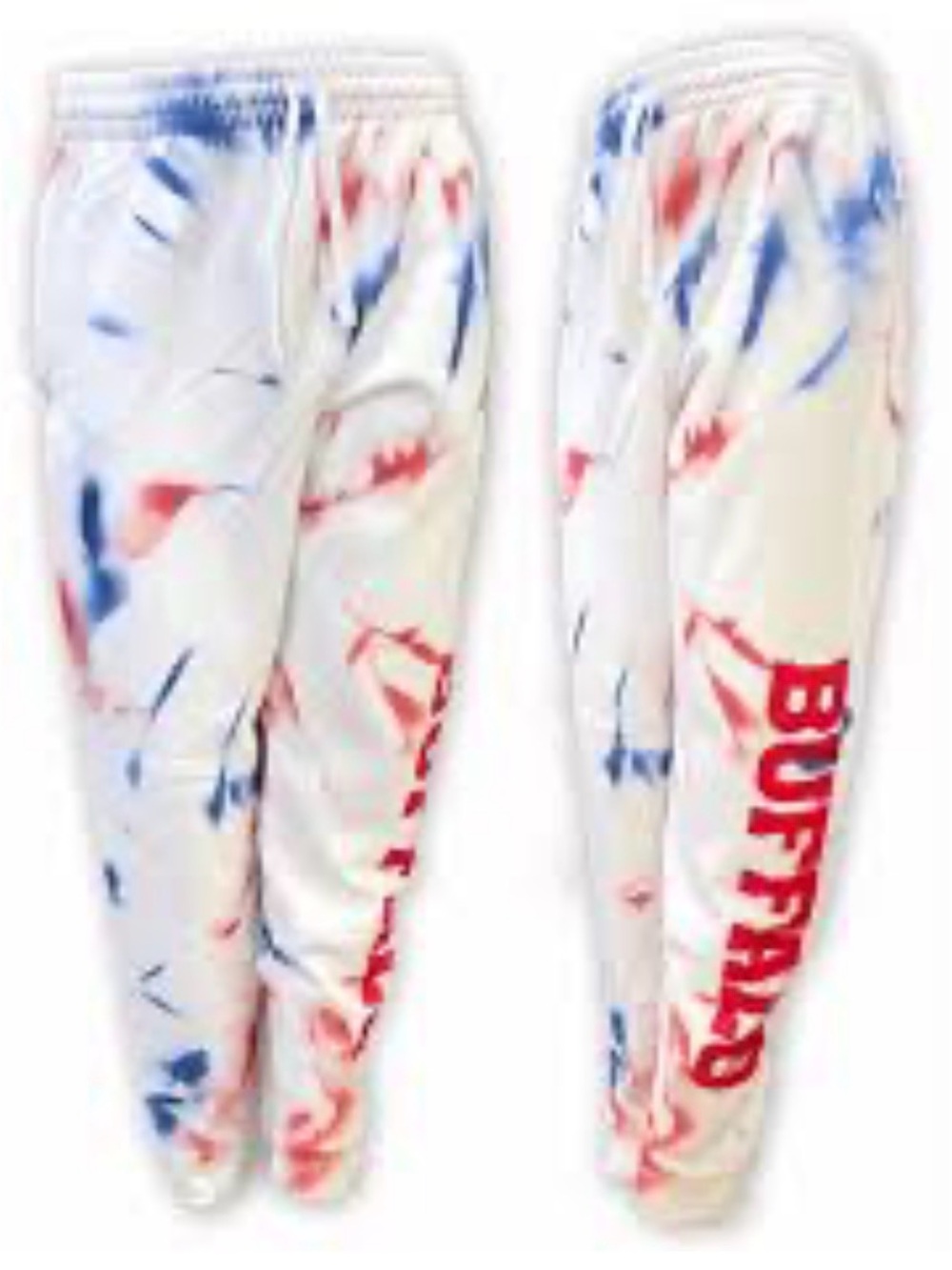 Jerzees Buffalo Themed XL White Tie-Dye Sweatpants with Red & Blue Accents